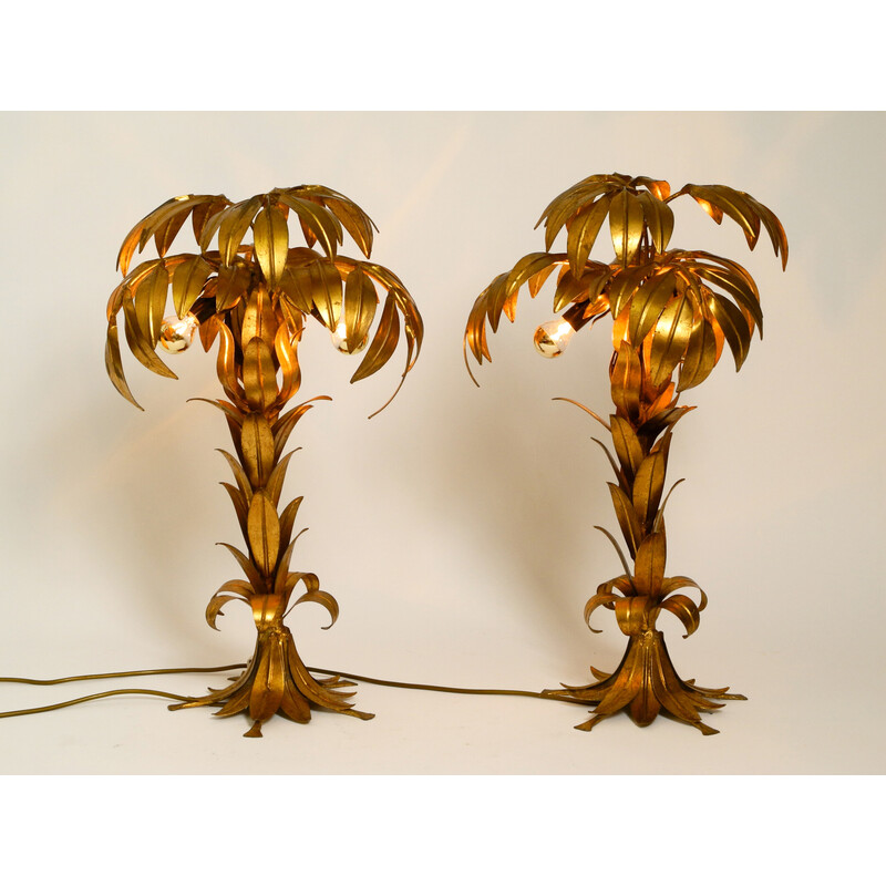 Pair of vintage gold-plated metal palm table lamps by Hans Kögl, 1970s