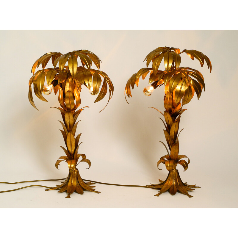 Paire de lampes de table palmier vintage en métal plaqué or par Hans Kögl, 1970