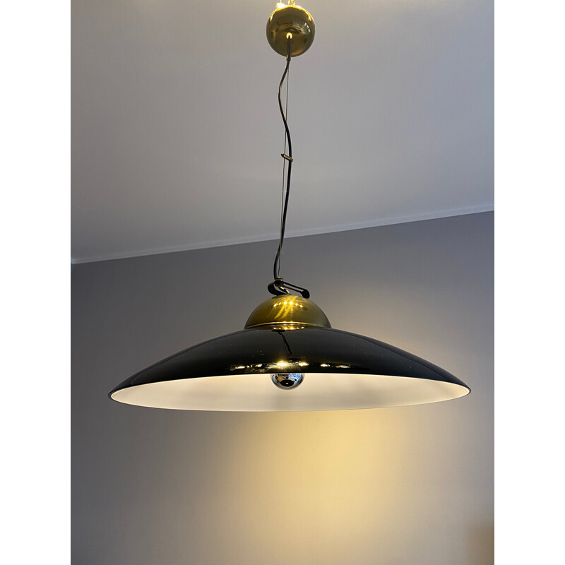 Vintage brass and black lacquered metal chandelier, Italy 1970