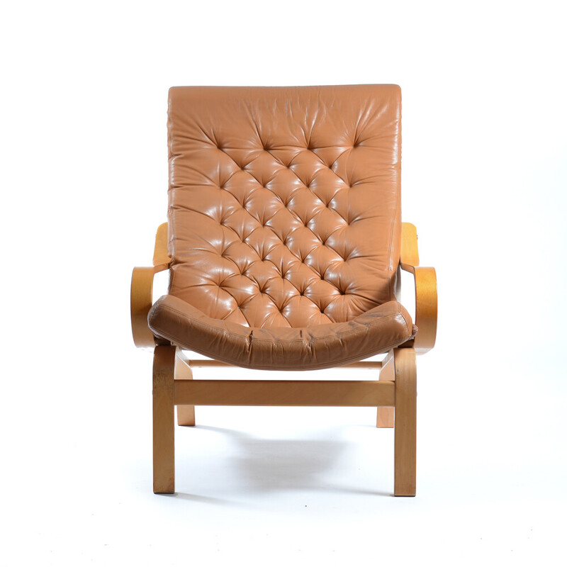 Vintage Noboru Nakamura Bore fauteuil in leer en linnen voor Ikea, Zweden 1970