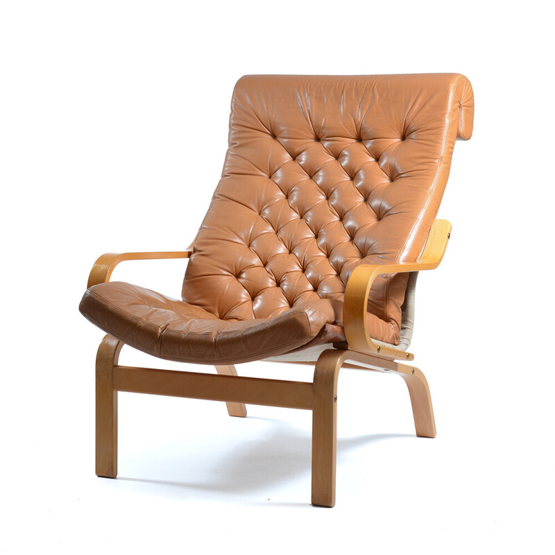 Vintage Noboru Nakamura Bore fauteuil in leer en linnen voor Ikea, Zweden 1970