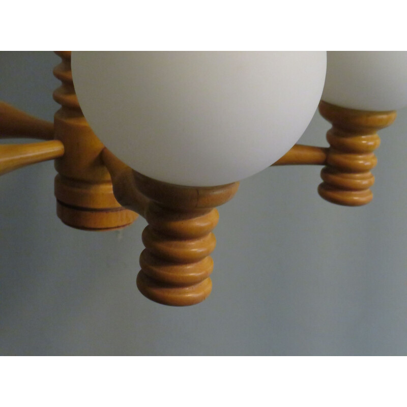 Vintage space age wooden chandelier with 5 arms