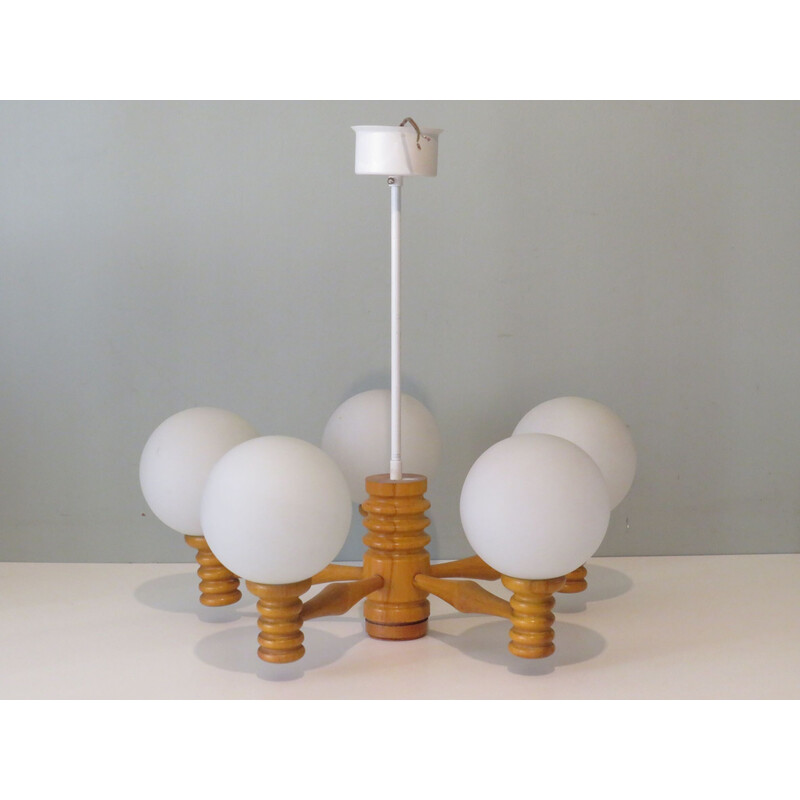 Vintage space age wooden chandelier with 5 arms