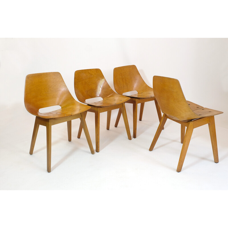 Set of 4 vintage barrel chairs by Pierre Guariche for Steiner, 1950