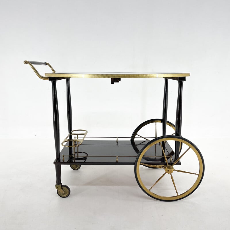 Mid-century Italian brass and stained mahagony bar trolley