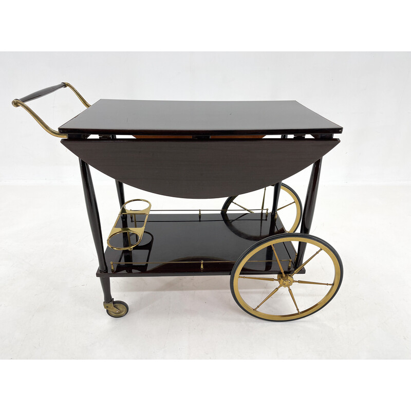 Mid-century Italian brass and stained mahagony bar trolley