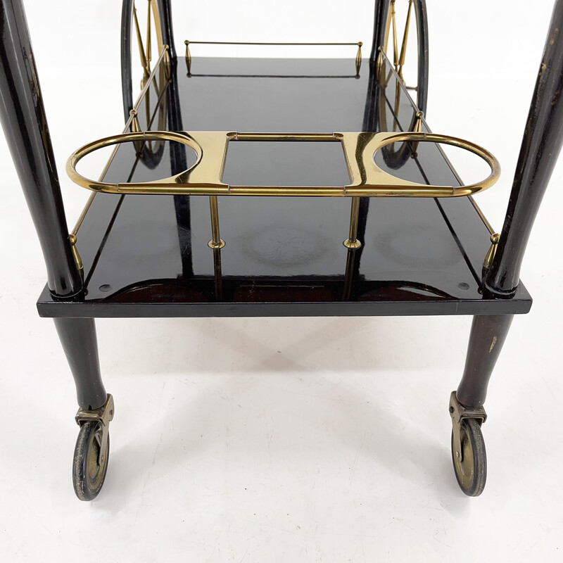 Mid-century Italian brass and stained mahagony bar trolley