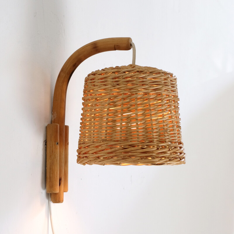 Vintage wicker and rattan wall lamp, 1960-1970