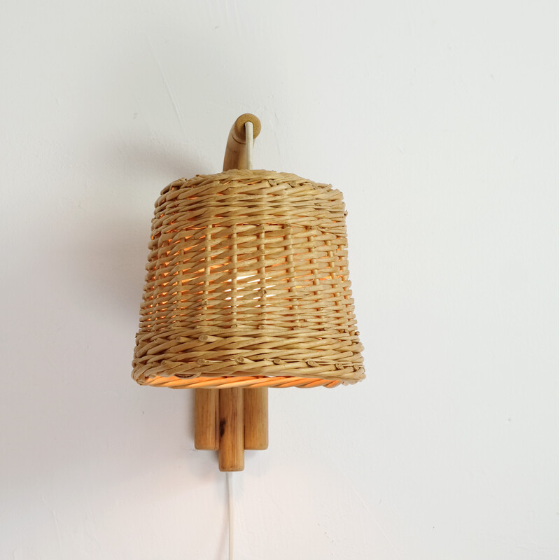 Candeeiro de parede Vintage wicker e rattan, 1960-1970