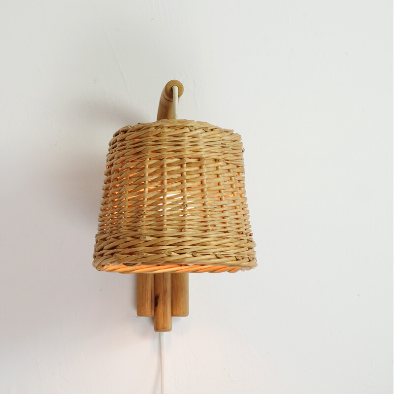 Vintage rieten en rotan wandlamp, 1960-1970