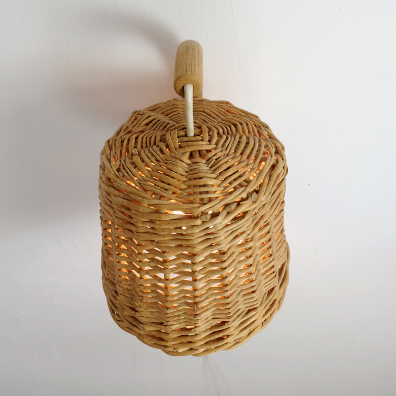 Vintage rieten en rotan wandlamp, 1960-1970