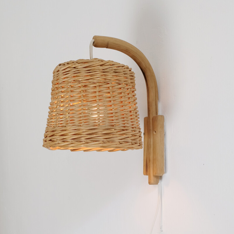 Vintage rieten en rotan wandlamp, 1960-1970