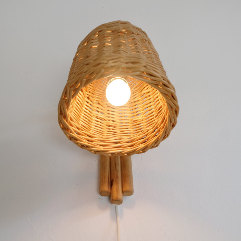 Vintage rieten en rotan wandlamp, 1960-1970