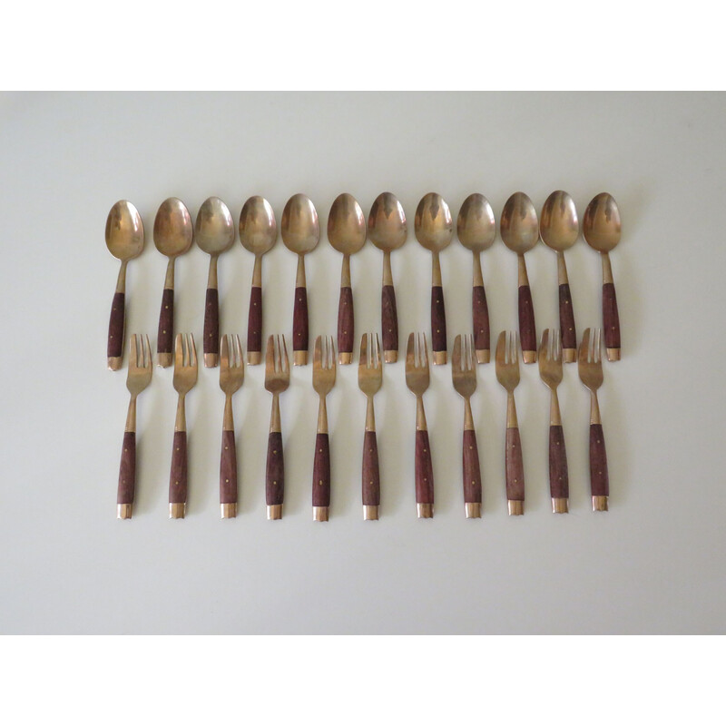 Vintage teak and brass household set