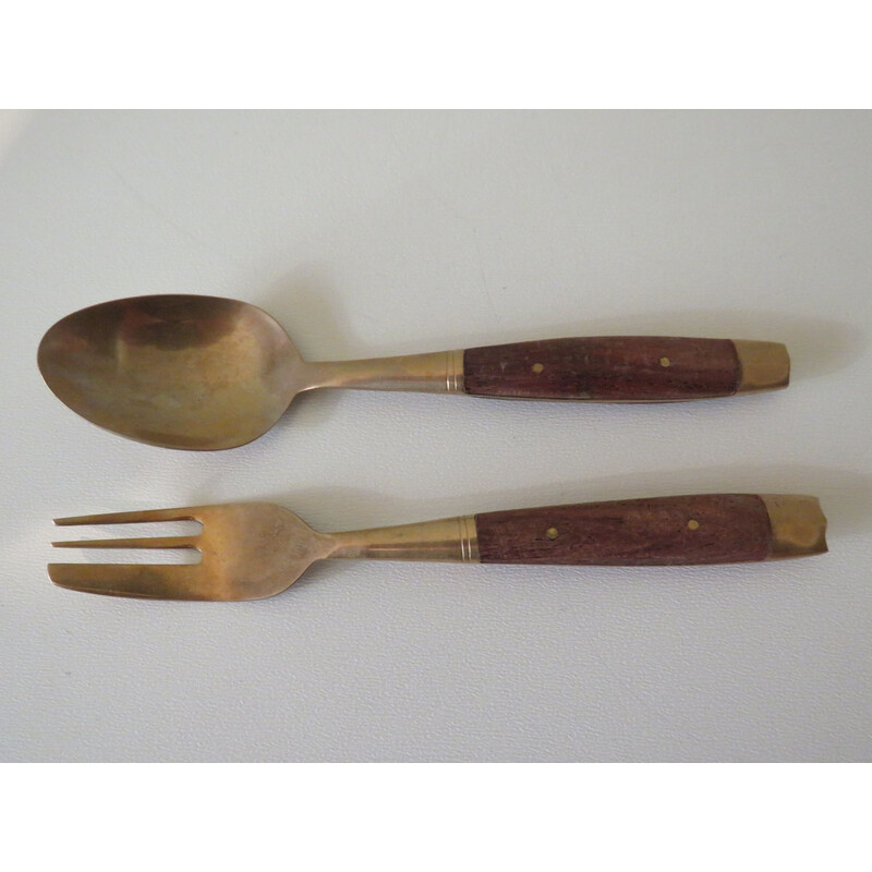 Vintage teak and brass household set