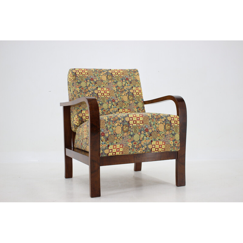 Vintage Art Deco wood and fabric armchair, Czechoslovakia 1930s