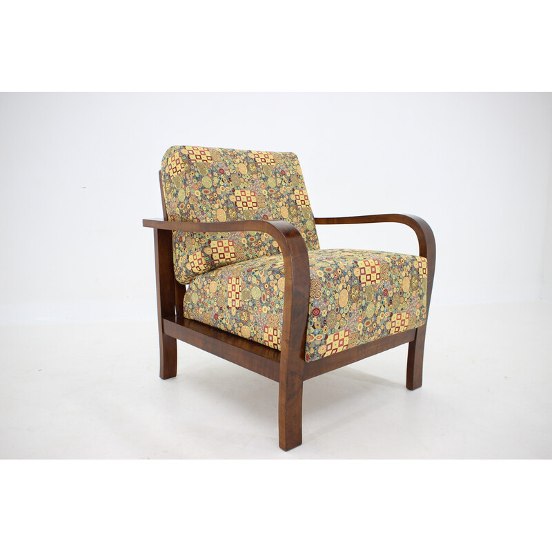 Vintage Art Deco wood and fabric armchair, Czechoslovakia 1930s