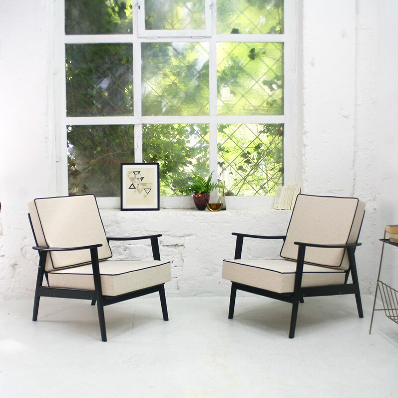 Black and cream reupholstered easy chair - 1960s