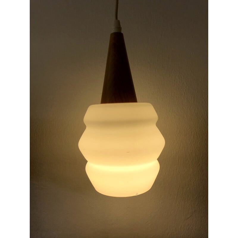 Scandinavian vintage light wood and white opaline pendant lamp, 1960