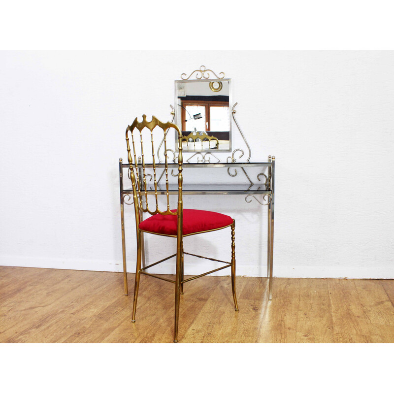 Vintage metal and smoked glass dressing table and chair, Italy 1970