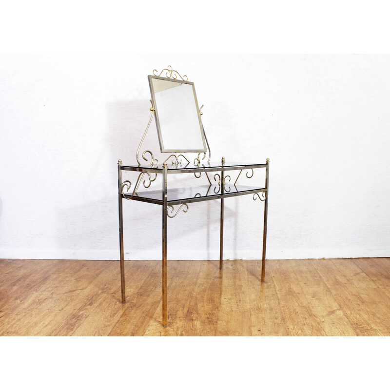 Vintage metal and smoked glass dressing table and chair, Italy 1970