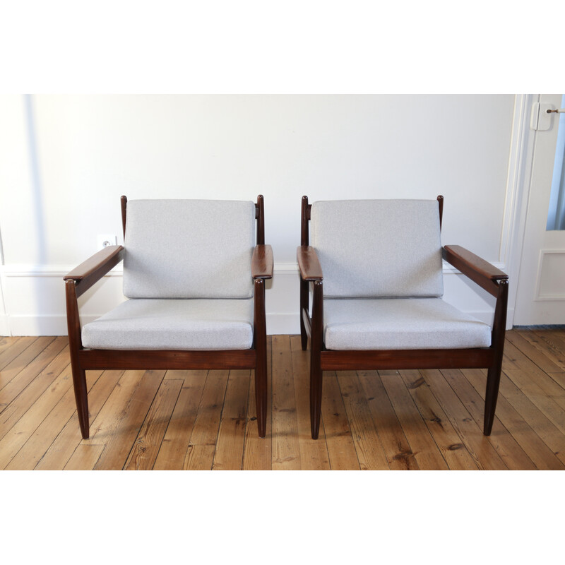 Pair of vintage scandinavian armchairs in afromosia and fabric, 1960