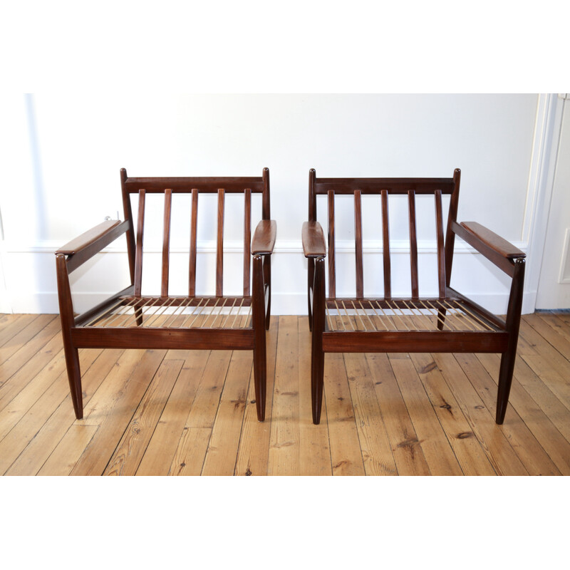 Pair of vintage scandinavian armchairs in afromosia and fabric, 1960