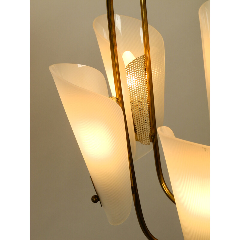 Vintage 8 arm brass chandelier with plexiglass shades