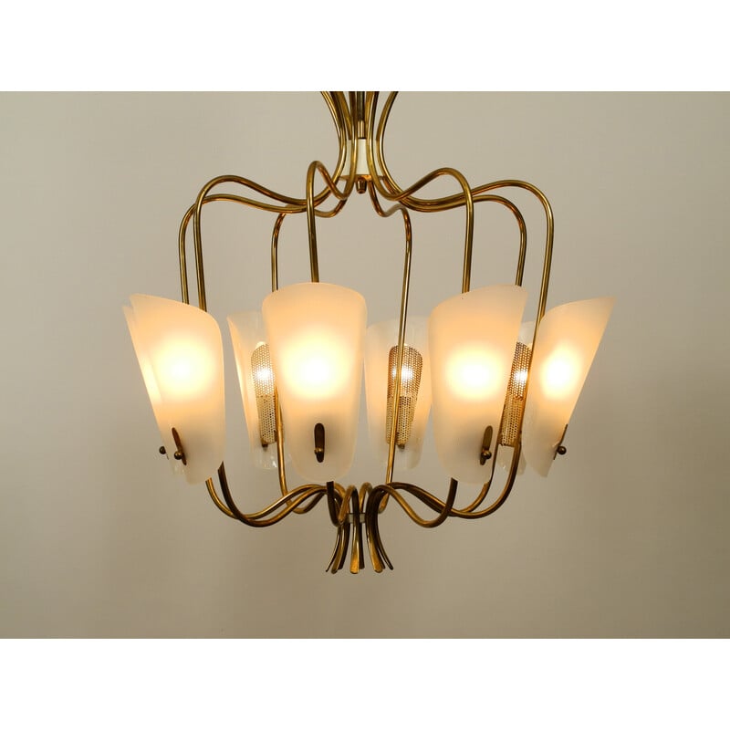 Vintage 8 arm brass chandelier with plexiglass shades