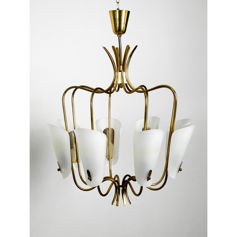 Vintage 8 arm brass chandelier with plexiglass shades