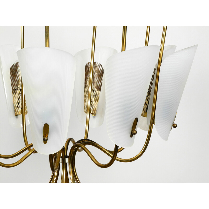 Vintage 8 arm brass chandelier with plexiglass shades