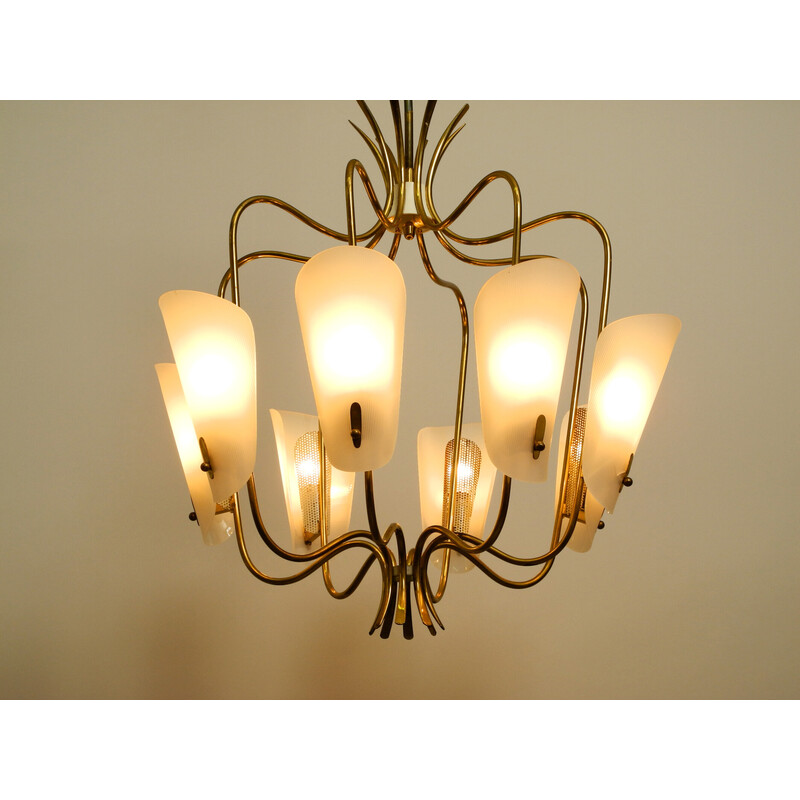 Vintage 8 arm brass chandelier with plexiglass shades