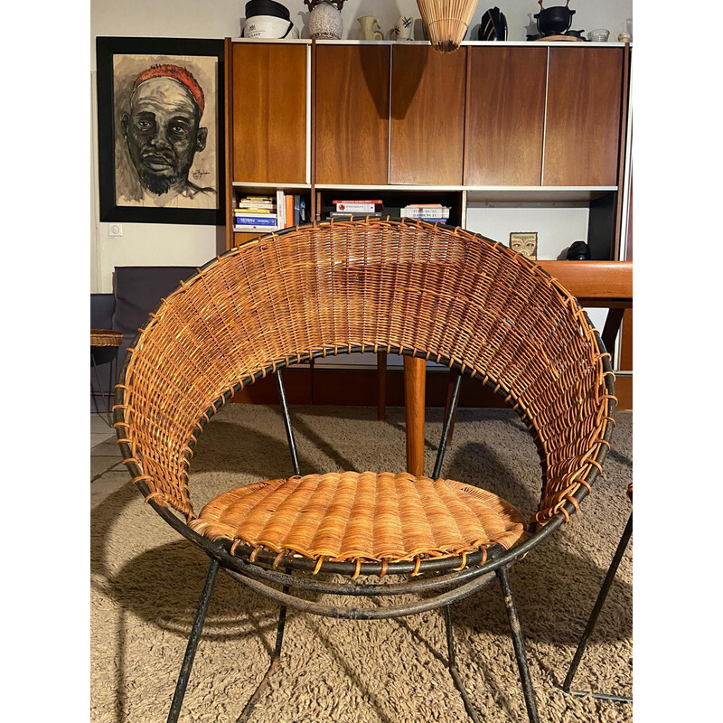 Ensemble de salon vintage en osier par Raoul Guys, 1950