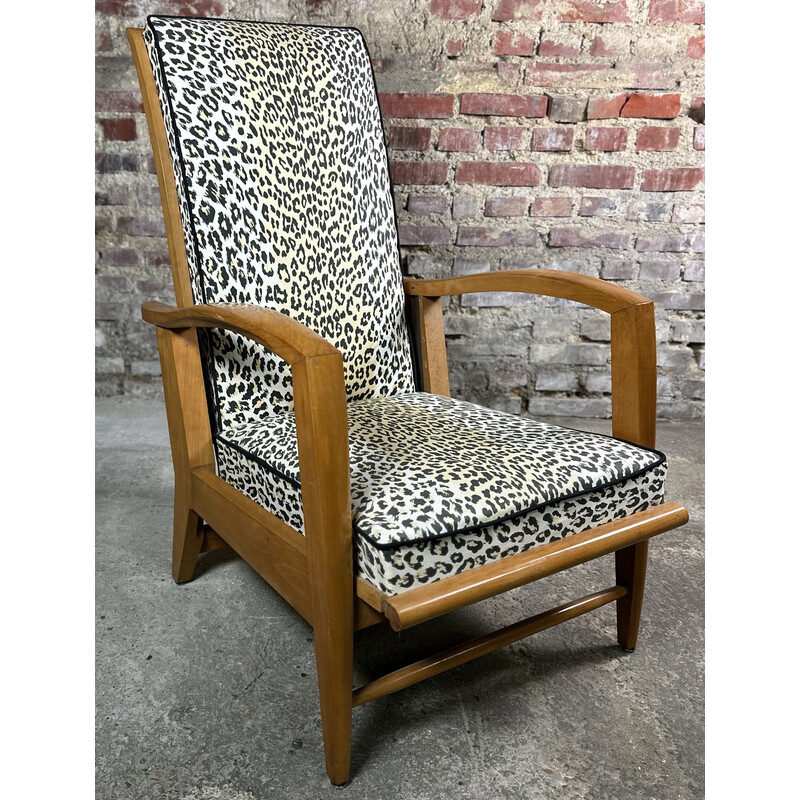 Vintage tilting jet armchair in beech and printed fabric, 1950s