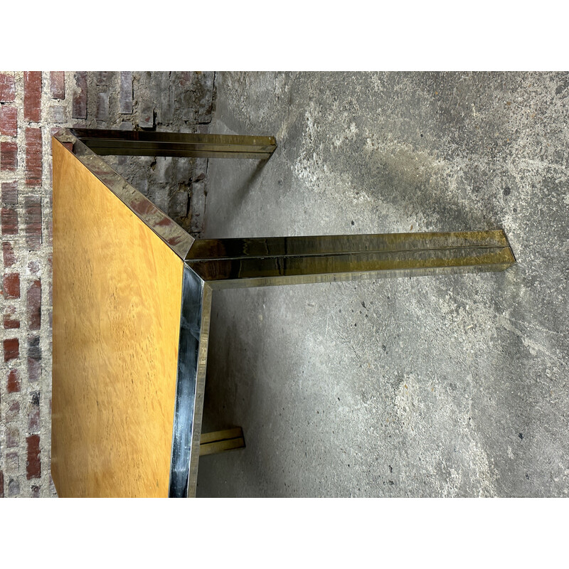 Italian vintage square table in moiré metal and elmwood burr, 1970