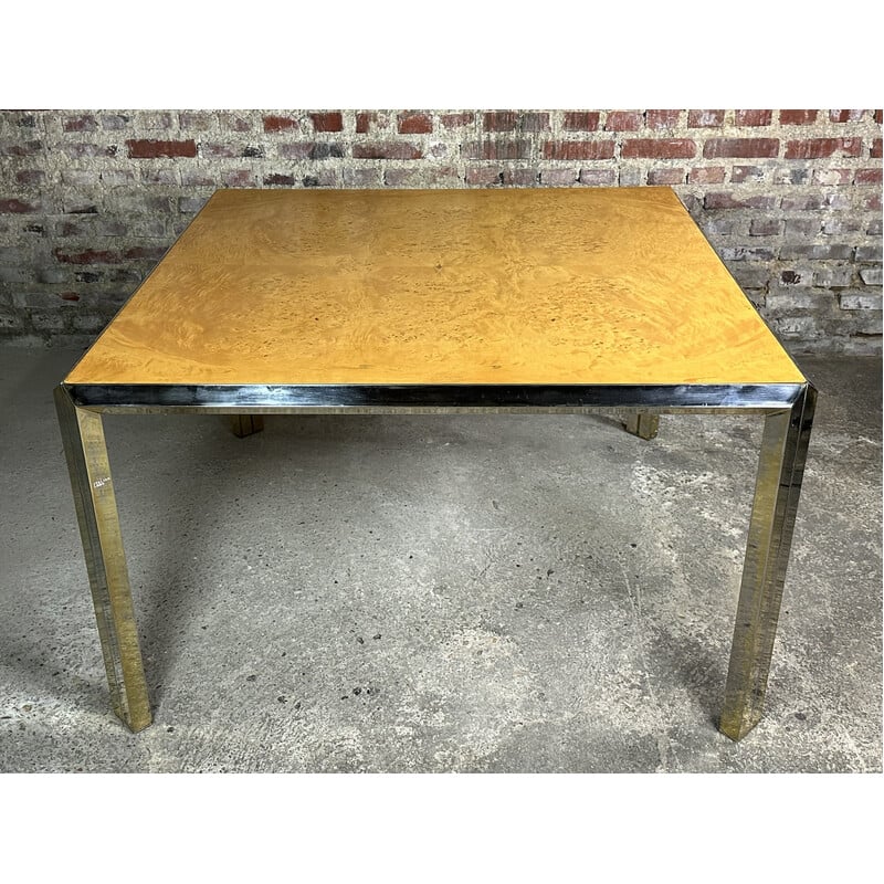 Italian vintage square table in moiré metal and elmwood burr, 1970