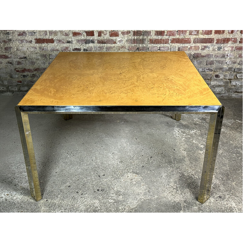 Italian vintage square table in moiré metal and elmwood burr, 1970