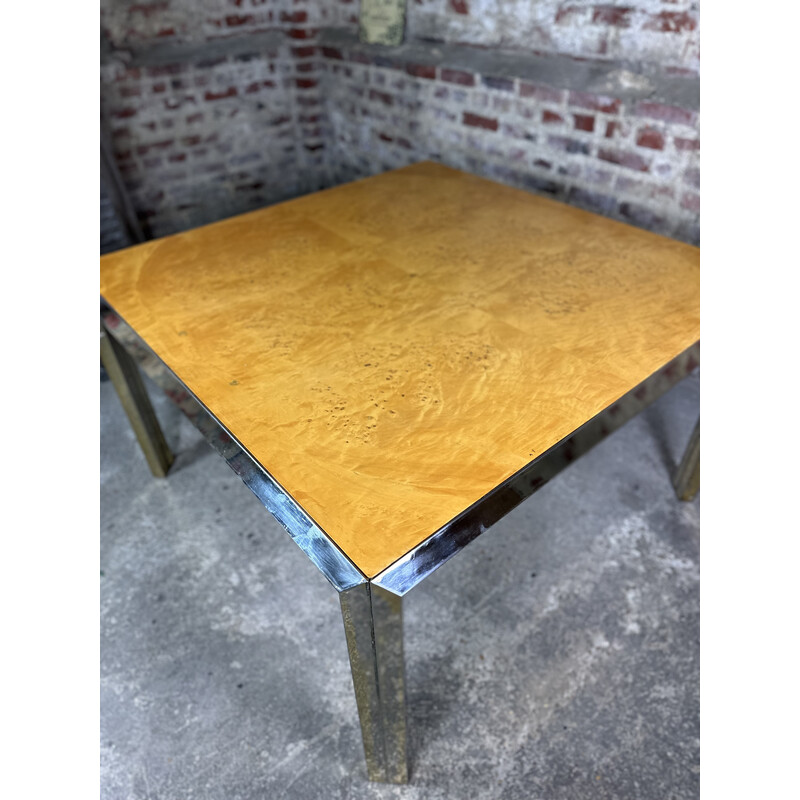 Italian vintage square table in moiré metal and elmwood burr, 1970