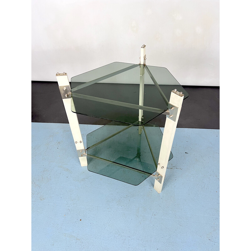 Vintage wood and smoked glass side table, Italy 1970s