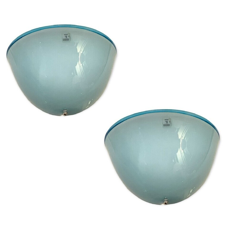 Paar hellblaue Wandlampen aus Muranoglas, 1970er Jahre