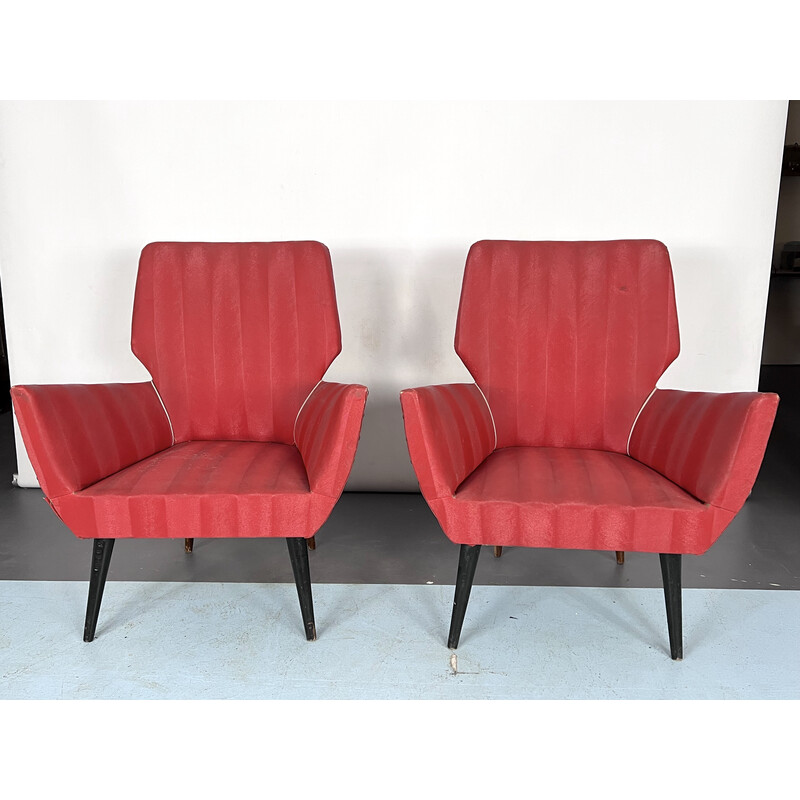 Paar rote Sessel aus der Mitte des Jahrhunderts, Italien 1950er Jahre