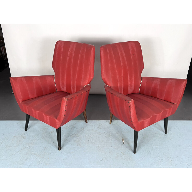 Pareja de sillones rojos de mediados de siglo, Italia Años 50