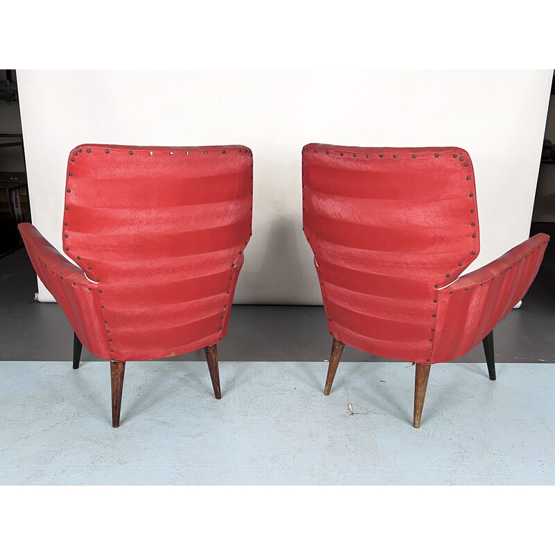 Paar rode fauteuils uit het midden van de eeuw, Italië 1950