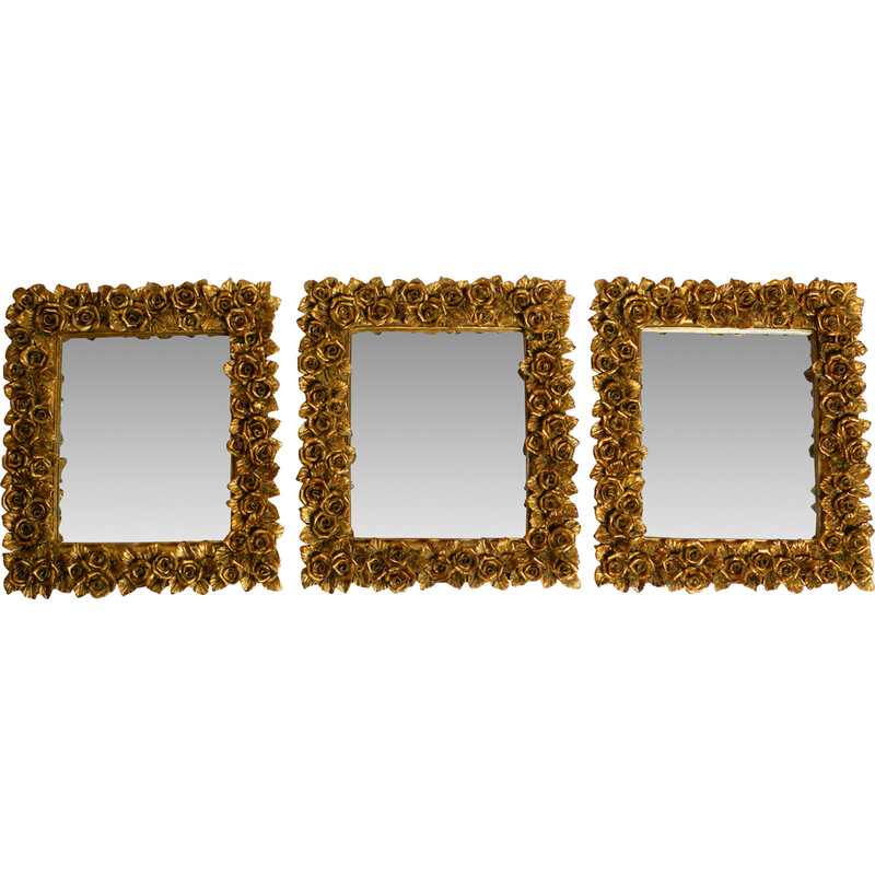 Juego de 3 espejos de pared de mediados de siglo con marcos dorados, Italia