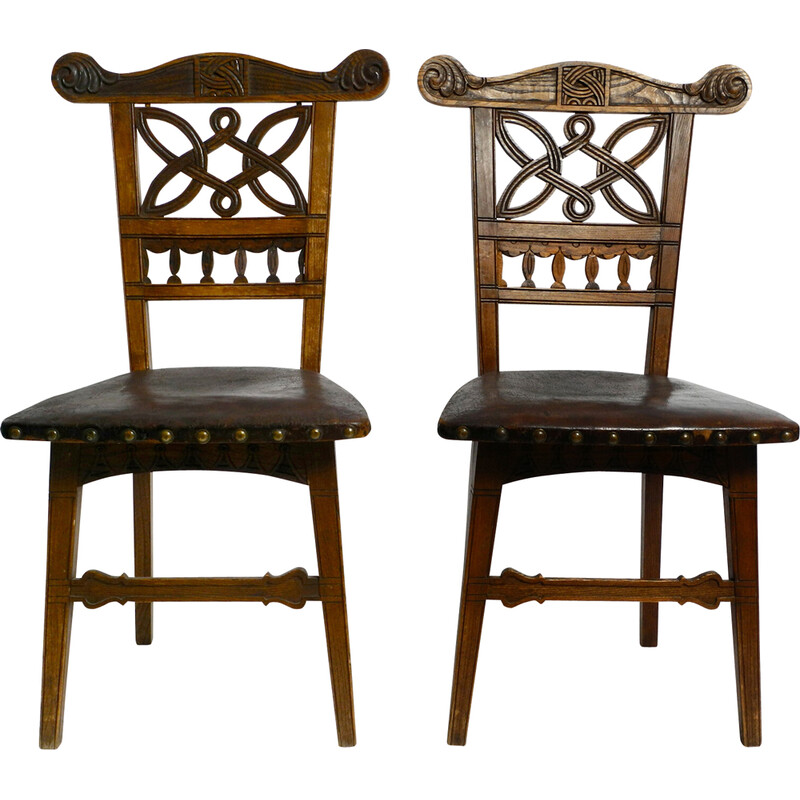 Pair of vintage Art Nouveau oakwood and leather chairs, 1900