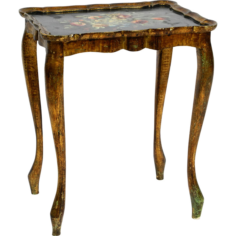 Vintage wooden side table with a gilded frame and hand-painted surface, 1900