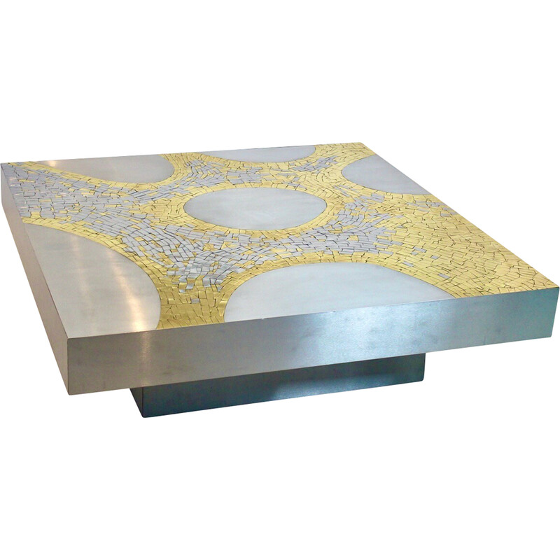 Vintage stainless steel and brass coffee table by Jean Claude Dresse, Belgium 1970