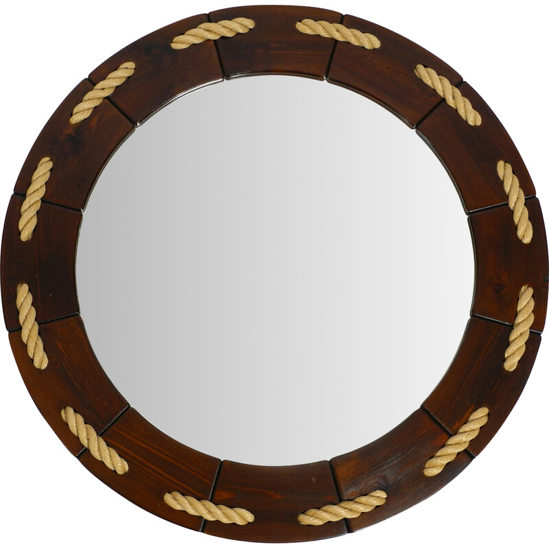 Vintage maritime round pine wood wall mirror, Denmark 1970s