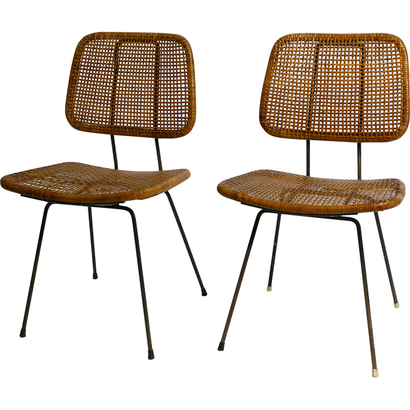Coppia di sedie da pranzo vintage in bambù e rafia, anni '60