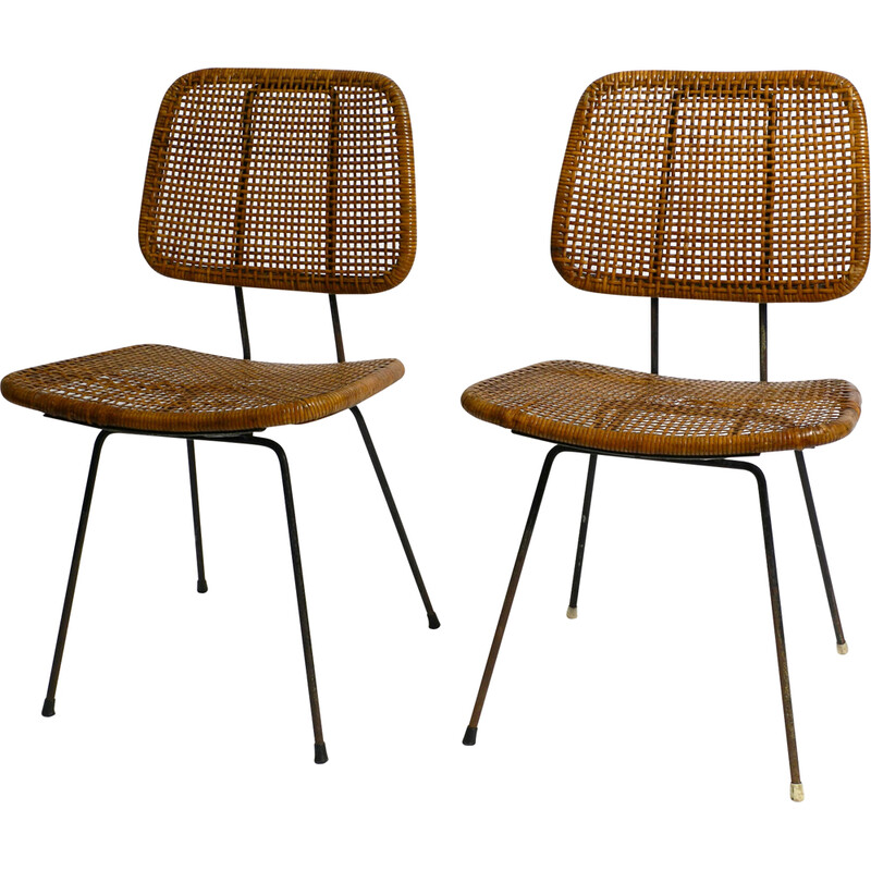 Pair of vintage italian bamboo and raffia dining chairs, 1960s